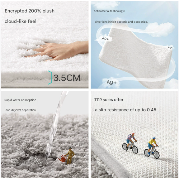 White 50*80cm Luxury 3.5cm Shag Bath Mat | Silver Ion Antibacterial Technology | Quick Dry Non-Slip TPR Bathroom Rug - Image 4