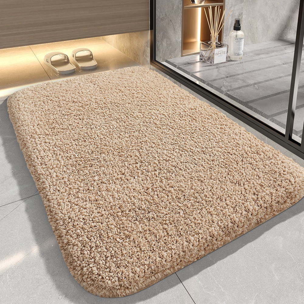 Khaki 60*90cm Luxury 3.5cm Shag Bath Mat | Silver Ion Antibacterial Technology | Quick Dry Non-Slip TPR Bathroom Rug - Image 1