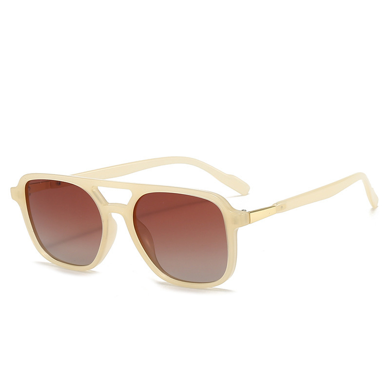 Beige Retro Double Bridge Square Frame Polarized Sunglasses - Driving Sun Protection Eyewear - Image 1