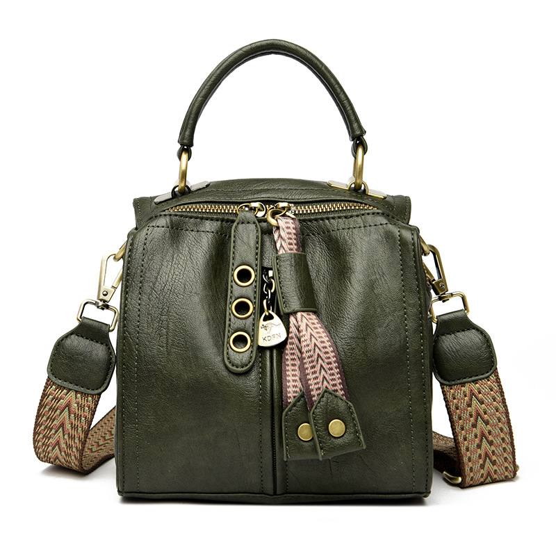 Green Vintage Look PU Leather Box Bag | Stylish Top Handle Crossbody Tote | Multi-Carry Bucket Bag with Wide Strap - Image 1