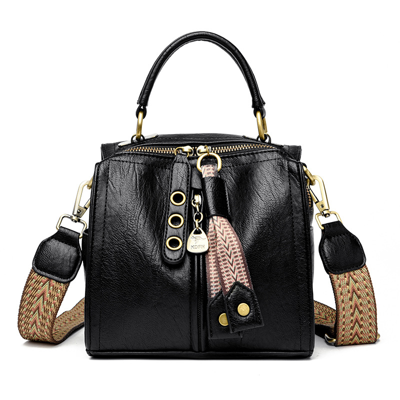 Black Vintage Look PU Leather Box Bag | Stylish Top Handle Crossbody Tote | Multi-Carry Bucket Bag with Wide Strap - Image 1