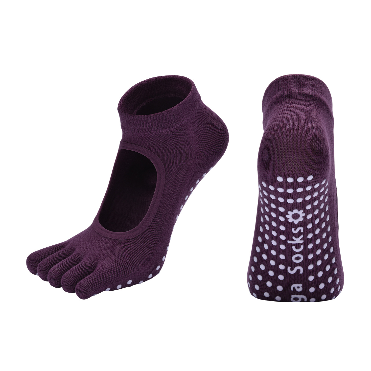 Purple 3-Pack Women's Non-Slip Five-Finger Yoga Socks - Open Back Combed Cotton Pilates & Fitness Grip Socks for Professional Exercise - Image 1