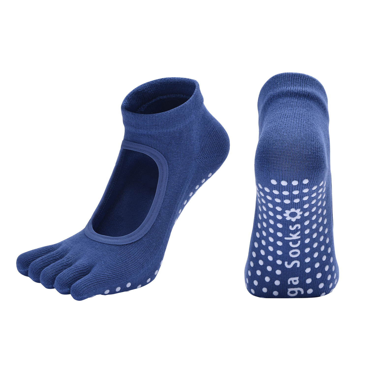Dark Blue 3-Pack Women's Non-Slip Five-Finger Yoga Socks - Open Back Combed Cotton Pilates & Fitness Grip Socks for Professional Exercise - Image 1