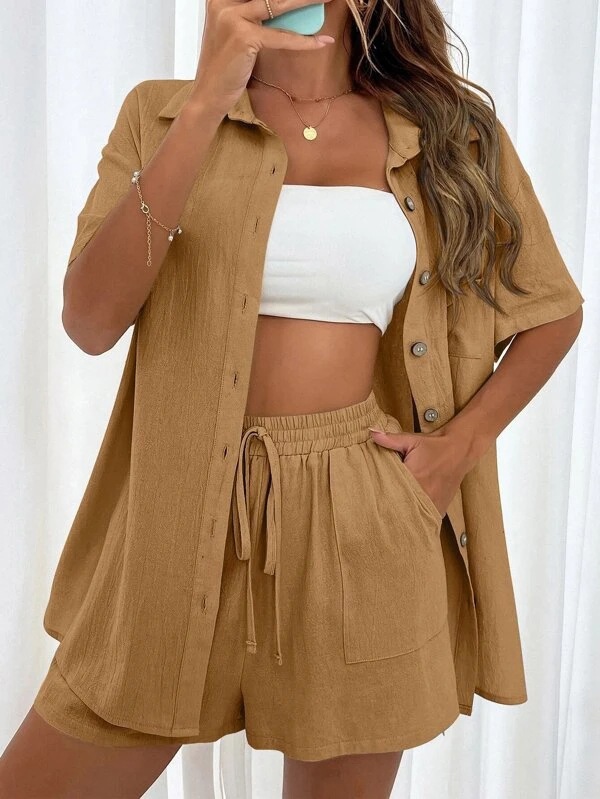 M Brown Women's Elegant 2-Piece Casual Set | Distressed Linen-Look Button-Down Shirt & Drawstring Shorts - Image 1
