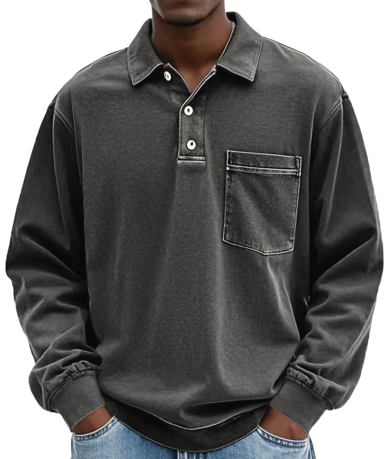 XXL Black Men's Premium Long Sleeve Polo Shirt | Vintage Washed Relaxed Fit | Casual Loose Buttoned Lapel Top - Image 1