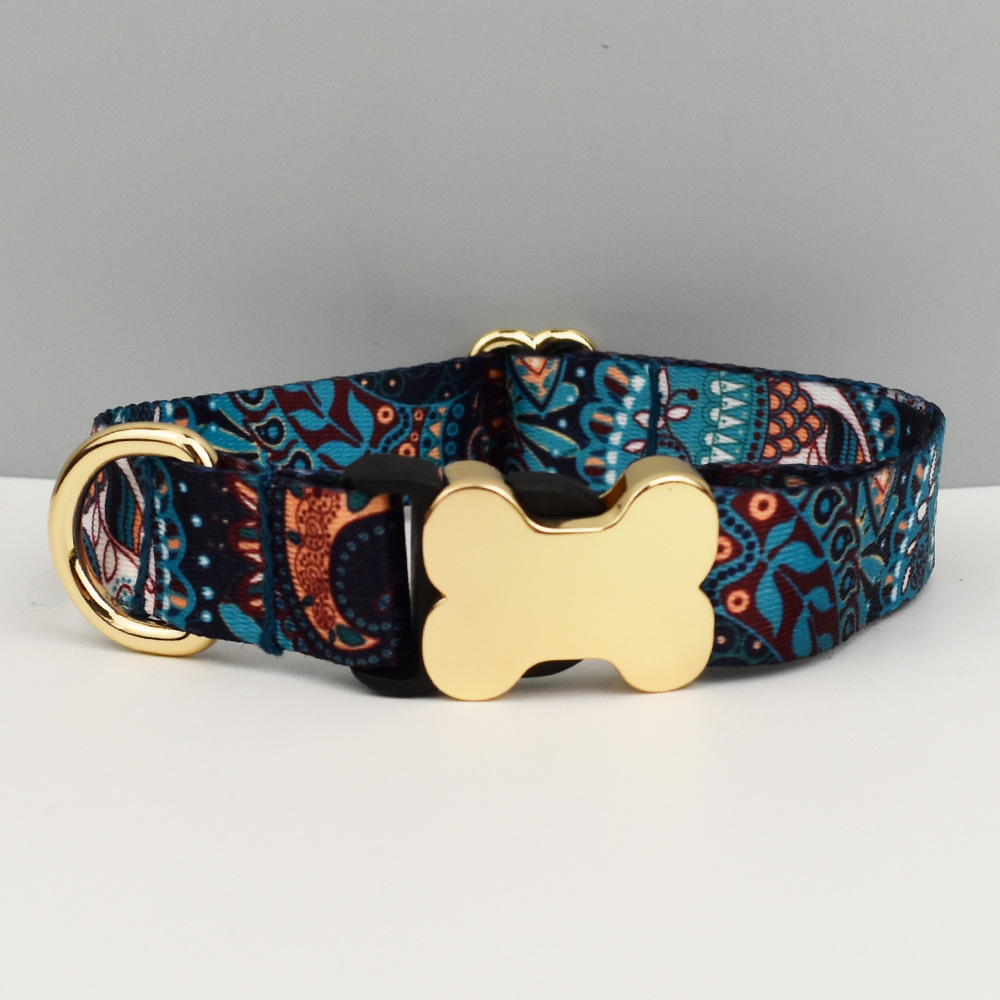 M Blue Print Patterned Dog Collar with Gold Metal Bone Buckle Adjustable Tribal & Leopard Print Neck Strap for Puppies & Dogs - Image 1
