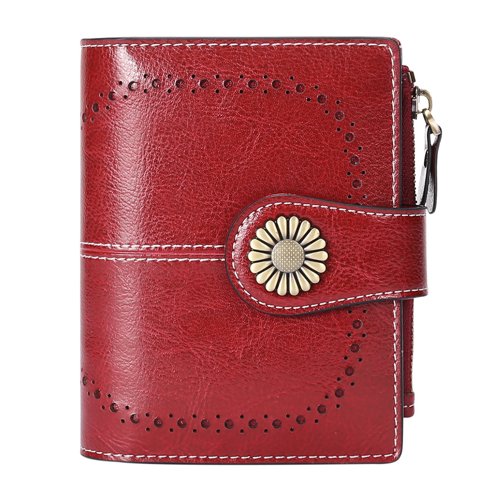 Red Women's Short Leather Wallet - European Style Waxed Leather Coin Purse with Zipper Card Holder in Red - Image 1