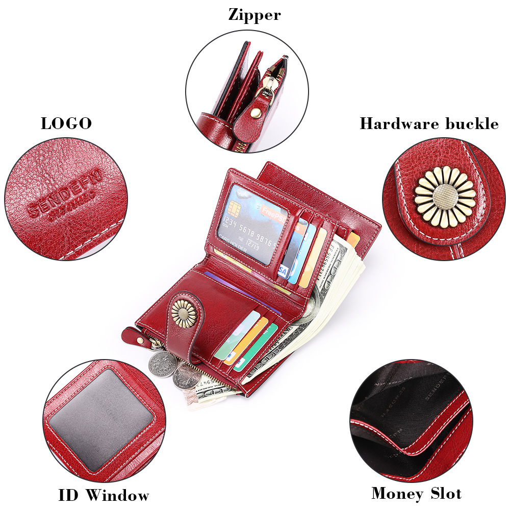 Red Women's Short Leather Wallet - European Style Waxed Leather Coin Purse with Zipper Card Holder in Red - Image 5