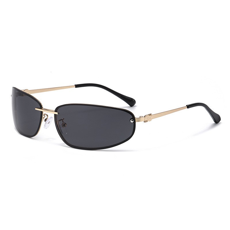Gold-rimmed Black-and-grey Lenses 2PCS Retro Y2K Rimless Oval Sunglasses for Women | Fashion Metal Frame Old Money Aesthetic | Sweet Cool Spice Girl Sunnies - Image 1