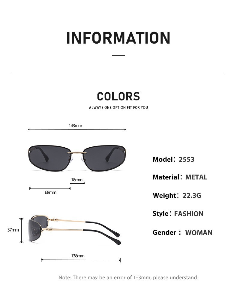 Gold-rimmed Black-and-grey Lenses 2PCS Retro Y2K Rimless Oval Sunglasses for Women | Fashion Metal Frame Old Money Aesthetic | Sweet Cool Spice Girl Sunnies - Image 2