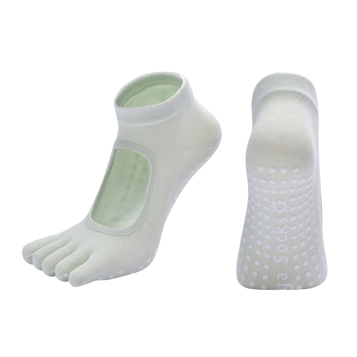 Macaron Green 3-Pack Women's Non-Slip Five-Finger Yoga Socks - Open Back Combed Cotton Pilates & Fitness Grip Socks for Professional Exercise - Image 1