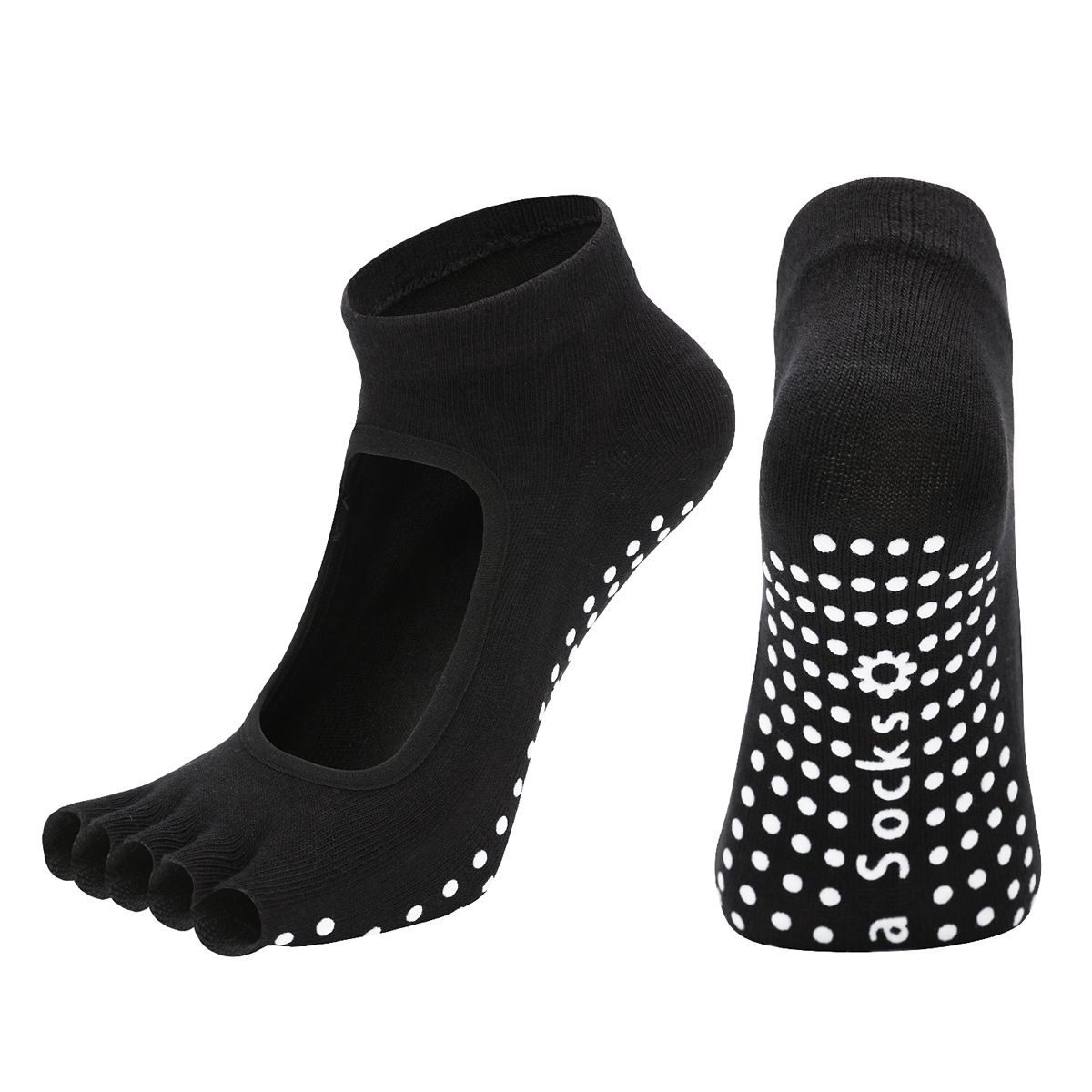 Black 3-Pack Women's Non-Slip Five-Finger Yoga Socks - Open Back Combed Cotton Pilates & Fitness Grip Socks for Professional Exercise - Image 1