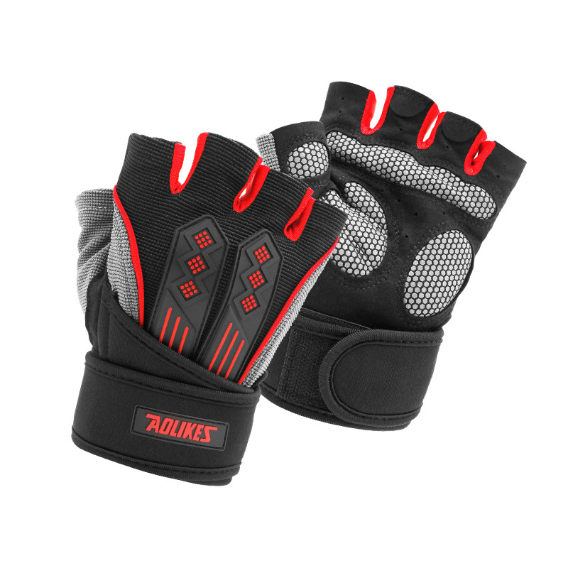 L Red Fingerless Workout Gloves with Wrist Support - Non-Slip, Breathable Gym Gloves for Weightlifting and Cycling - Image 1