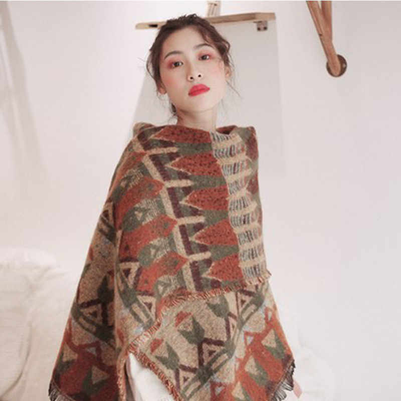 Red-beige Extra Large Ethnic Print Faux Lambswool Shawl - Cozy Winter Wrap Scarf (70x211cm) - Image 1