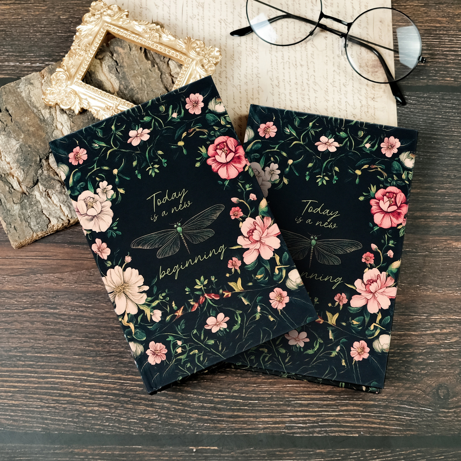 2PCS Elegant Vintage Floral Hardcover Notebook | Today is a New Beginning Dragonfly Journal | Creative A6 Portable Planner - Image 1