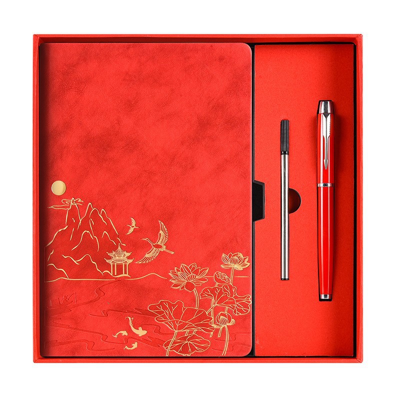 Red A5 Premium Notebook Gift Set with Pen - Red PU Leather Journal with Gold Oriental Art - 200 Pages Business Diary & Corporate Gift Box (Lotus & Crane Design) - Image 1