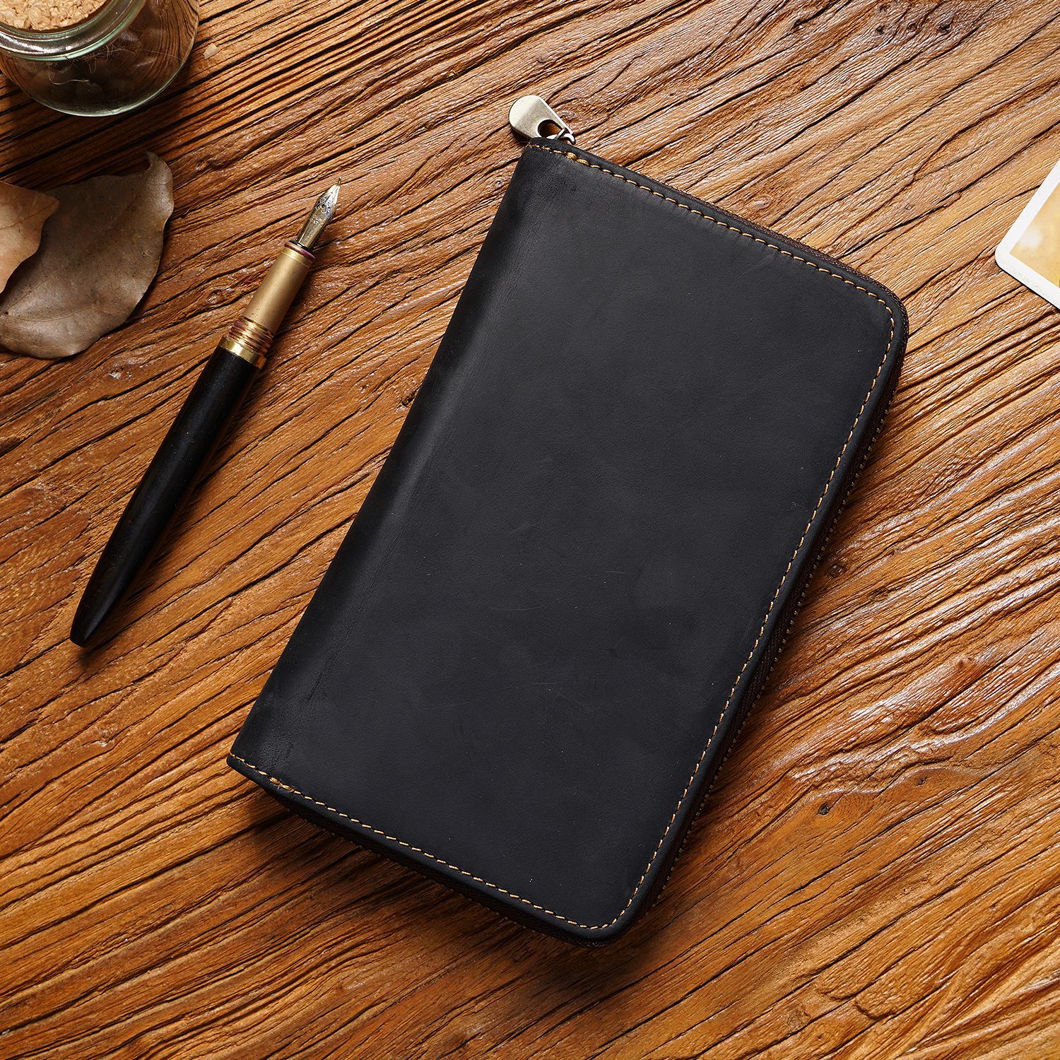 Black Genuine Crazy Horse Leather Fountain Pen Case Zippered Organiser Vintage Stationery Holder - Image 1
