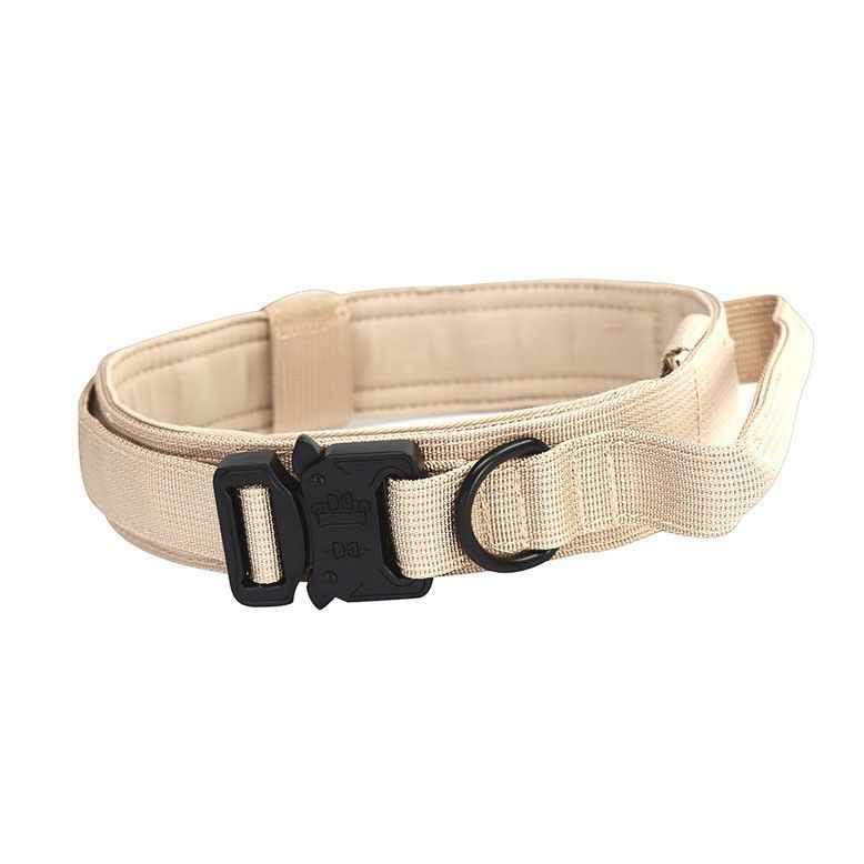L Khaki Tactical Dog Collar - Heavy Duty Nylon Pet Collar for Medium & Large Dogs, Adjustable (3.8cm Width) - Image 1