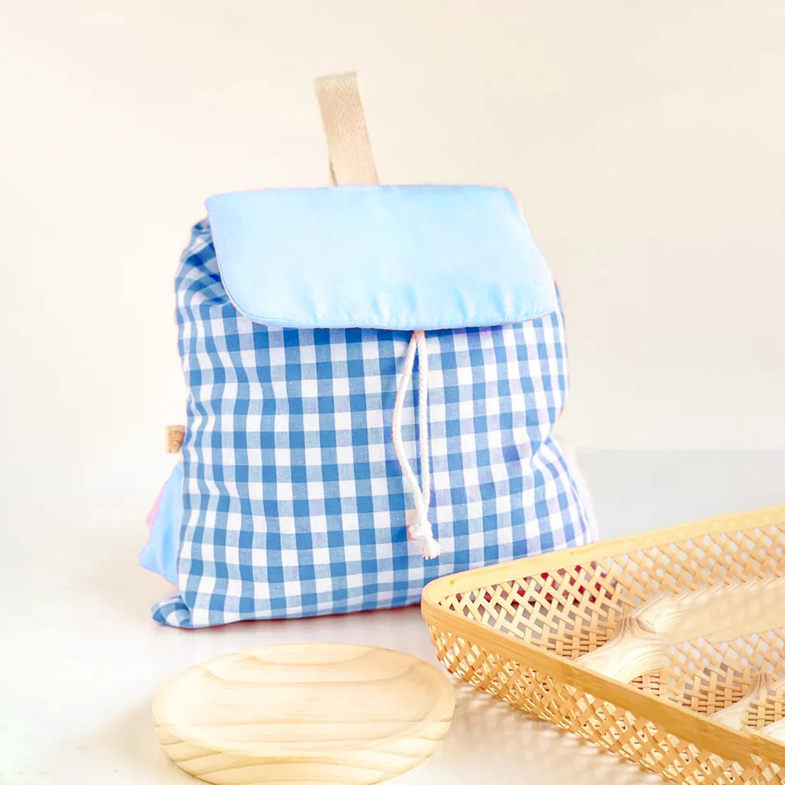 Blue Trendy Gingham Checkered Canvas Backpack | Aesthetic Student School Bag | Casual Daily Travel Daypack - Image 1