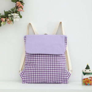 Purple Trendy Gingham Checkered Canvas Backpack | Aesthetic Student School Bag | Casual Daily Travel Daypack - Image 1