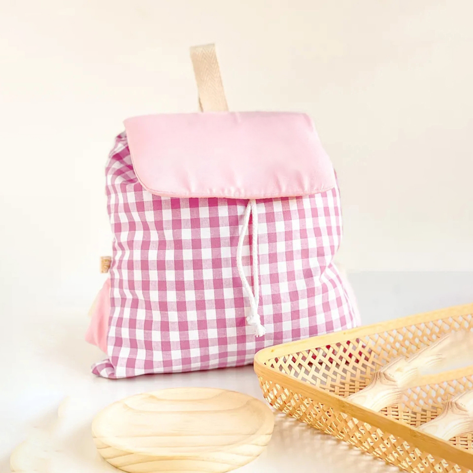 Pink Trendy Gingham Checkered Canvas Backpack | Aesthetic Student School Bag | Casual Daily Travel Daypack - Image 1