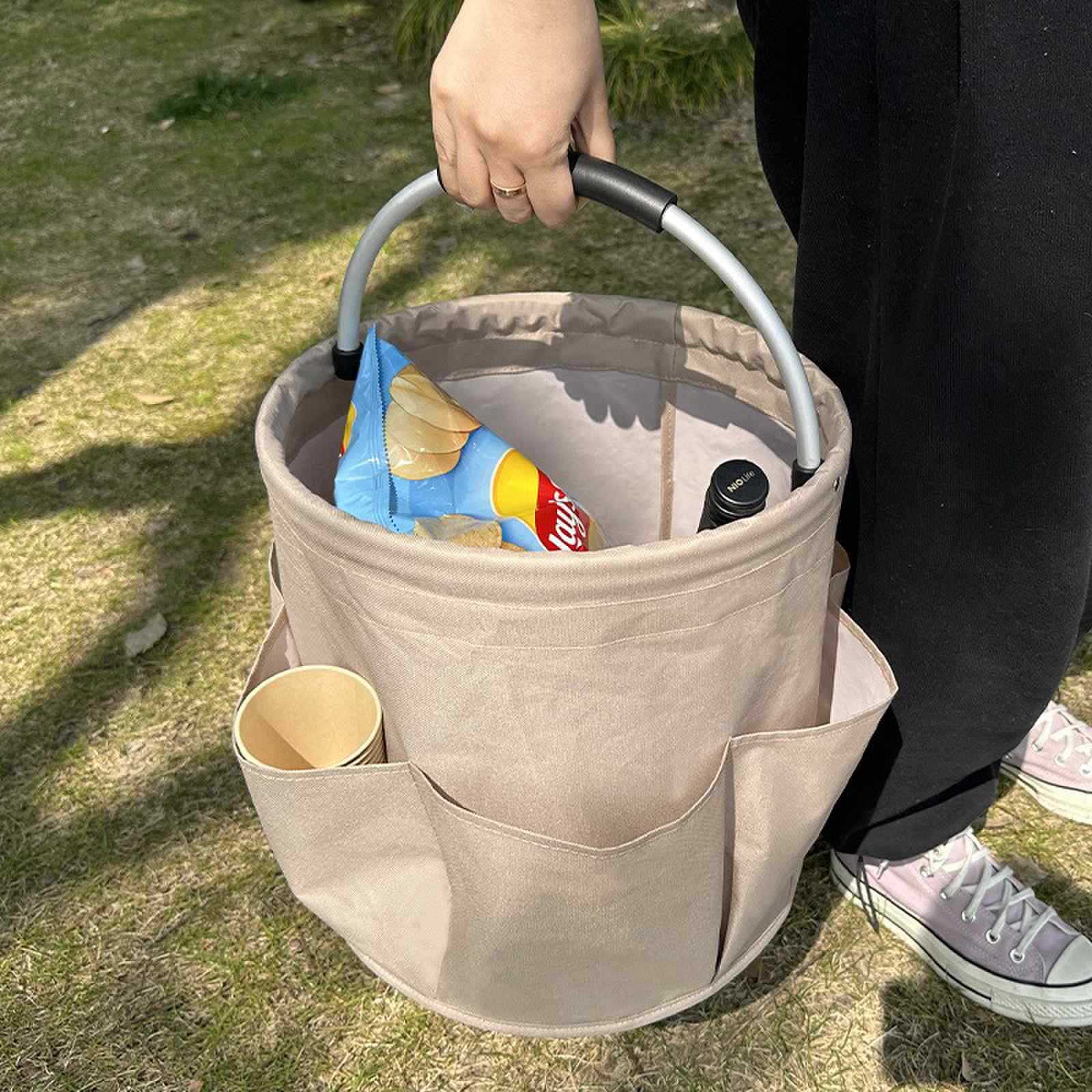 Khaki 17L Collapsible Handheld Storage Bucket | Multi-Pocket Portable Camping & Picnic Basket | Durable Waterproof Organizer for Beach, Bath and Shopping - Image 1