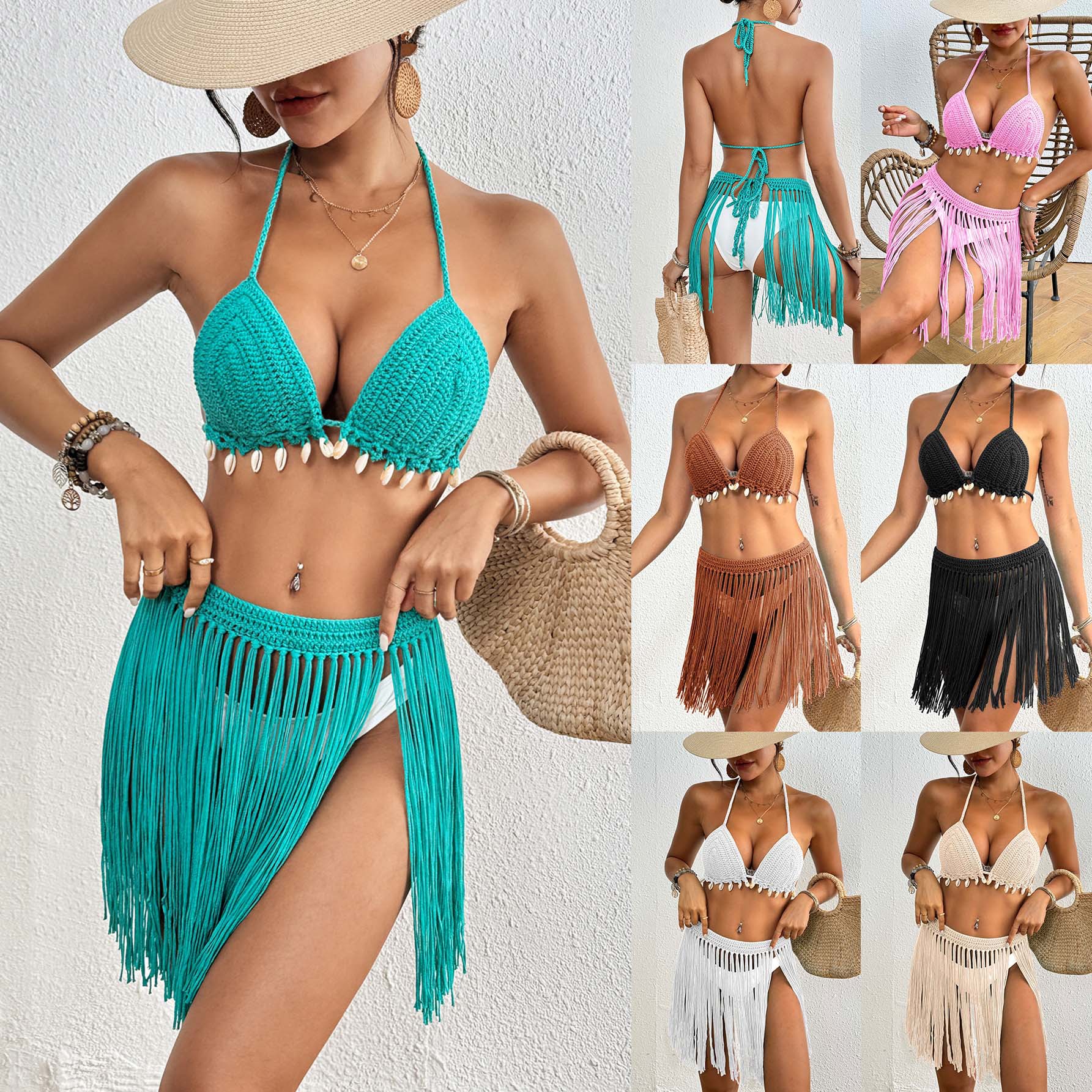Brown Women's Hand-Crocheted Two-Piece Bikini Set with Shell Accents and Tassel Skirt - Image 3