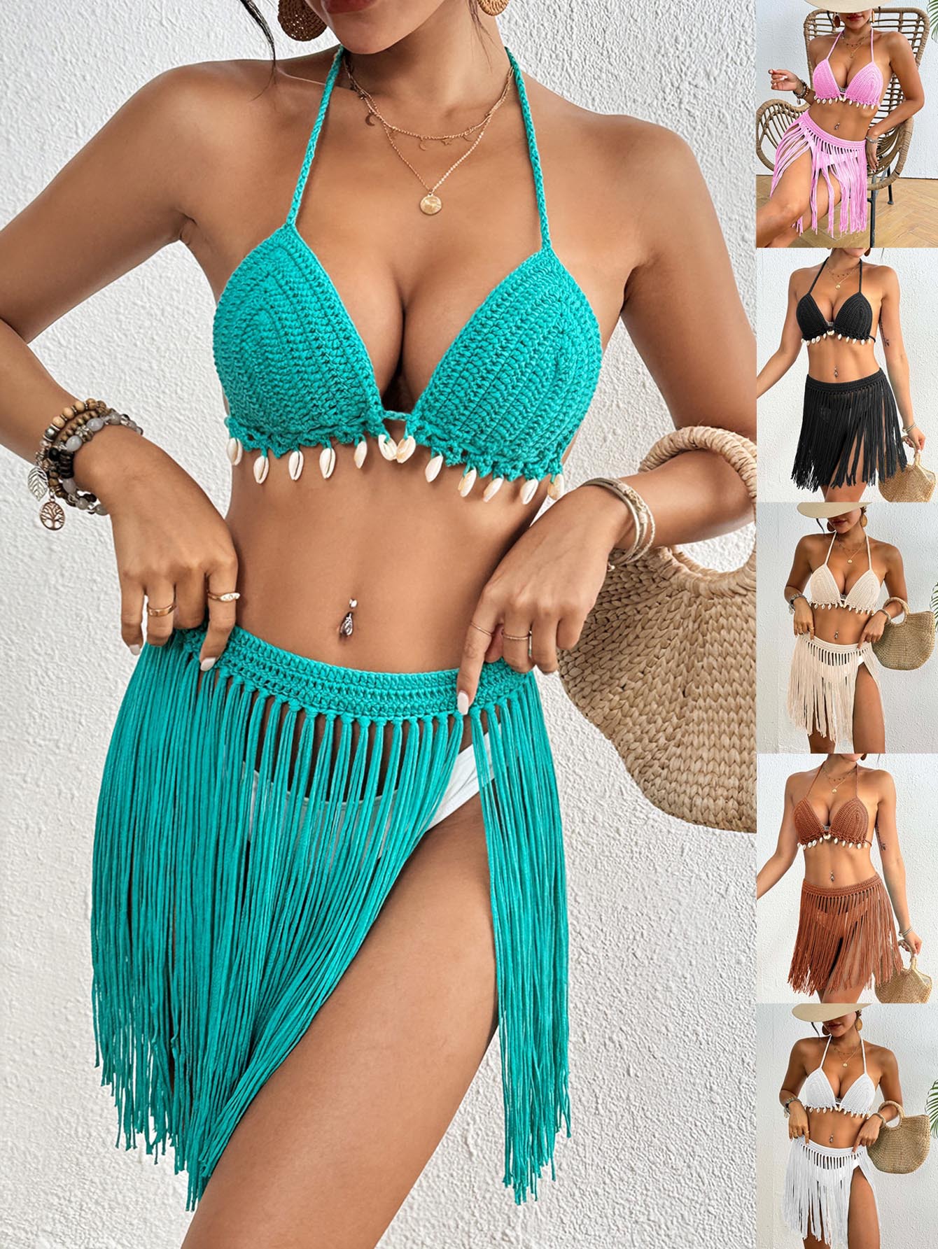 Black Women's Hand-Crocheted Two-Piece Bikini Set with Shell Accents and Tassel Skirt - Image 2