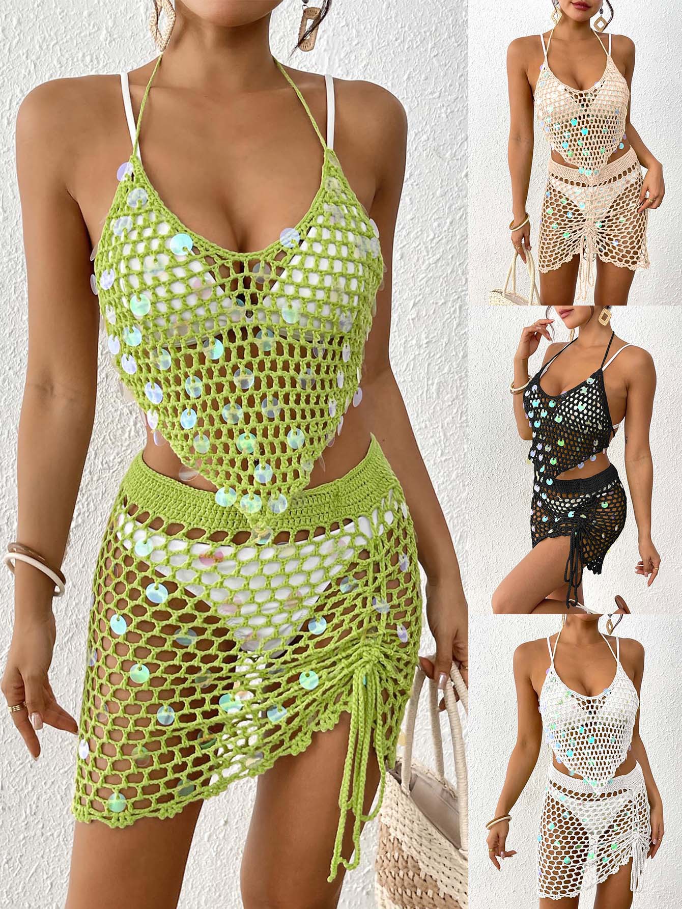 Green Women's Hand-Crocheted Beachwear Set with Sequin Embellishments – Boho Style Two-Piece Bikini Cover-Up - Image 2