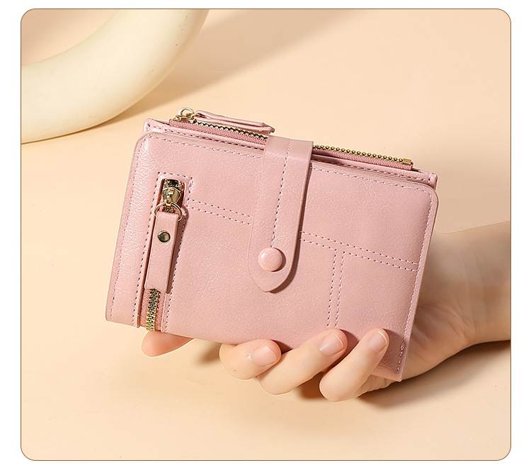 Pink Soft PU Leather Women's Wallet – Compact Foldable Wallet with Multiple Card Slots and Zippered Compartment - Image 1