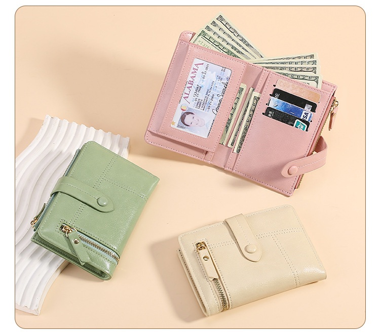 Pink Soft PU Leather Women's Wallet – Compact Foldable Wallet with Multiple Card Slots and Zippered Compartment - Image 3