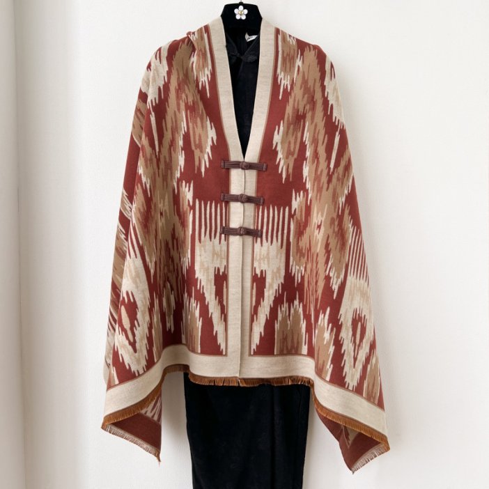Dark Red New Style Buttoned Shawl – Double-Sided Winter Scarf with Ethnic Pattern, Faux Cashmere Feel for Travel and Fashion - Image 1