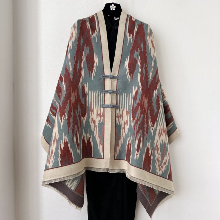 Blue and Dark Red New Style Buttoned Shawl – Double-Sided Winter Scarf with Ethnic Pattern, Faux Cashmere Feel for Travel and Fashion - Image 1