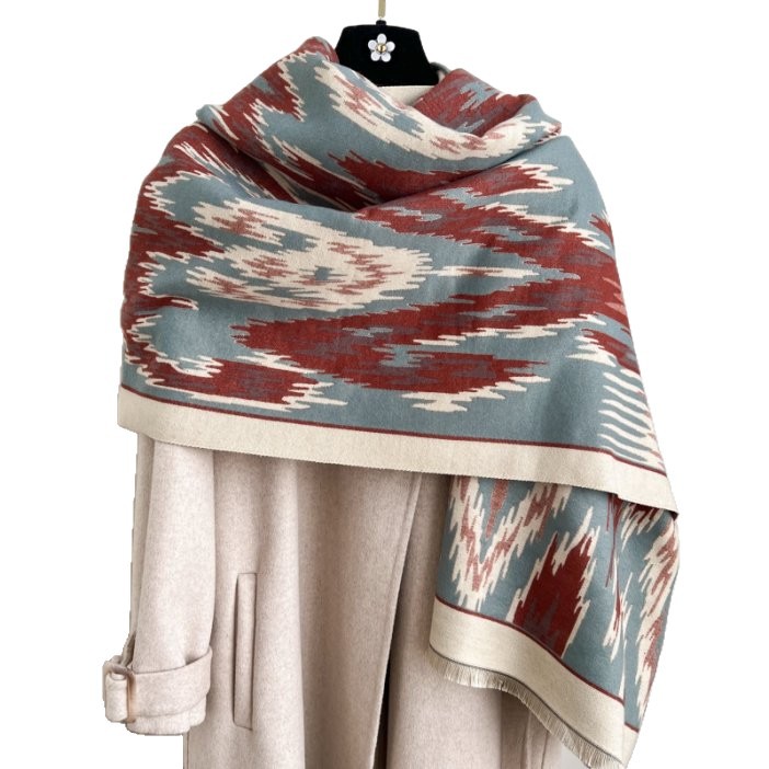 Blue and Dark Red New Style Buttoned Shawl – Double-Sided Winter Scarf with Ethnic Pattern, Faux Cashmere Feel for Travel and Fashion - Image 4