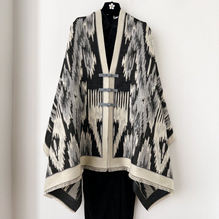 Black New Style Buttoned Shawl – Double-Sided Winter Scarf with Ethnic Pattern, Faux Cashmere Feel for Travel and Fashion - Image 1