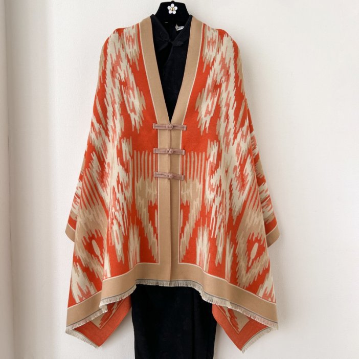 Orange New Style Buttoned Shawl – Double-Sided Winter Scarf with Ethnic Pattern, Faux Cashmere Feel for Travel and Fashion - Image 1