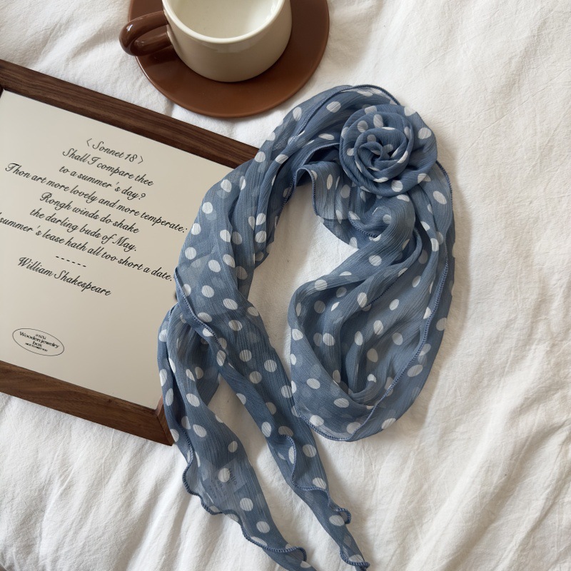 2 Pcs Blue Dot Pattern Rose Flower Thin Scarf – Elegant and Versatile Neck Wrap for Women - Image 2