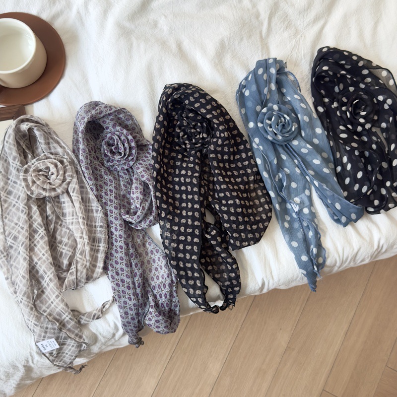 2 Pcs White Dot Pattern Rose Flower Thin Scarf – Elegant and Versatile Neck Wrap for Women - Image 3