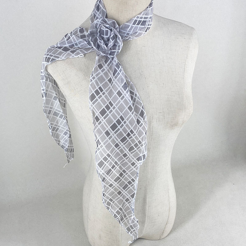 2 Pcs Light Grey Plaid Pattern Rose Flower Thin Scarf – Elegant and Versatile Neck Wrap for Women - Image 1