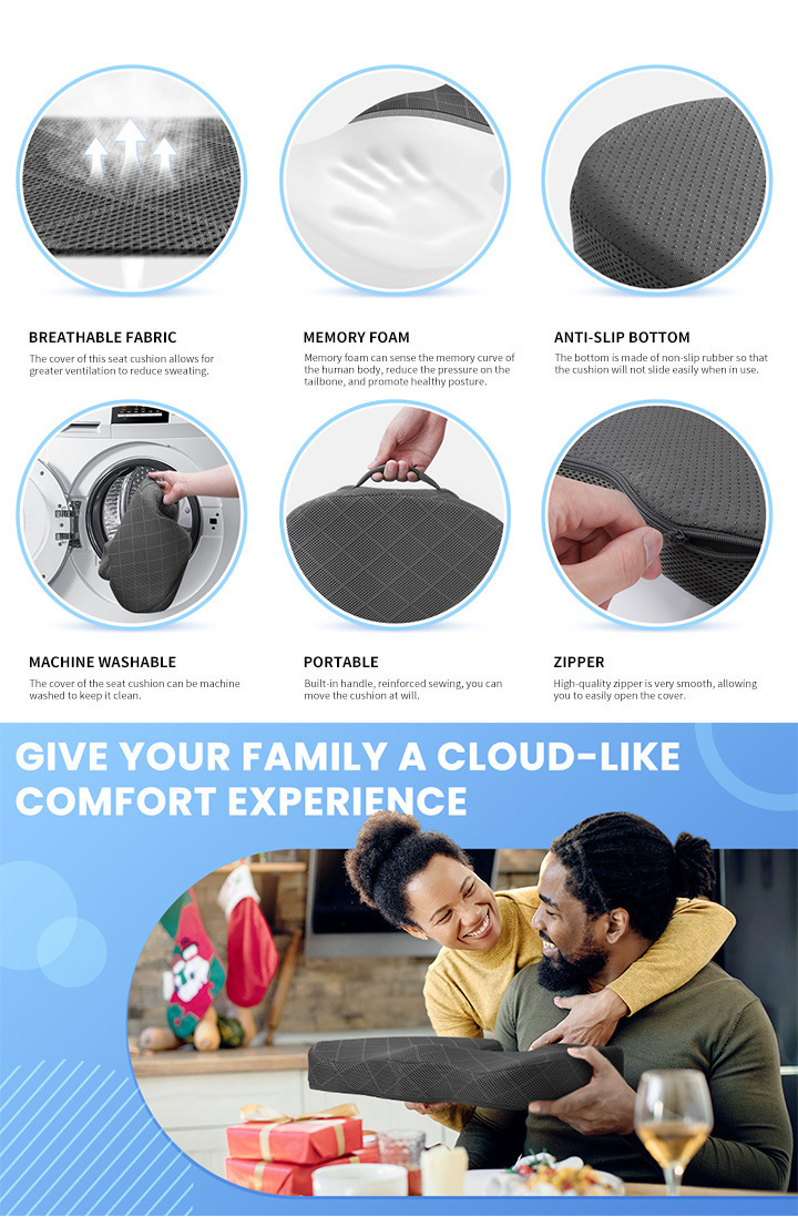 Black Memory Foam Seat Cushion – Ergonomic Support for Office, Car, Wheelchair, and Home Use - Image 3