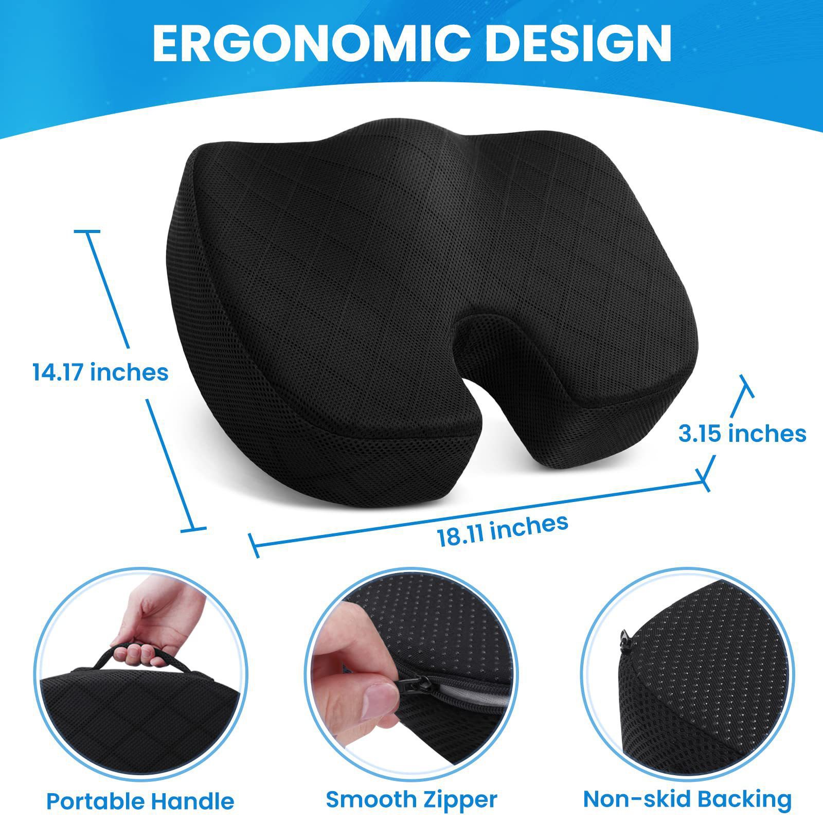 Black Memory Foam Seat Cushion – Ergonomic Support for Office, Car, Wheelchair, and Home Use - Image 6