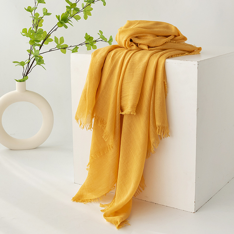 Yellow Cotton and linen scarves - Elegant, solid-color, lightweight shawls, soft and comfortable, suitable for pairing with various outfits. - Image 1
