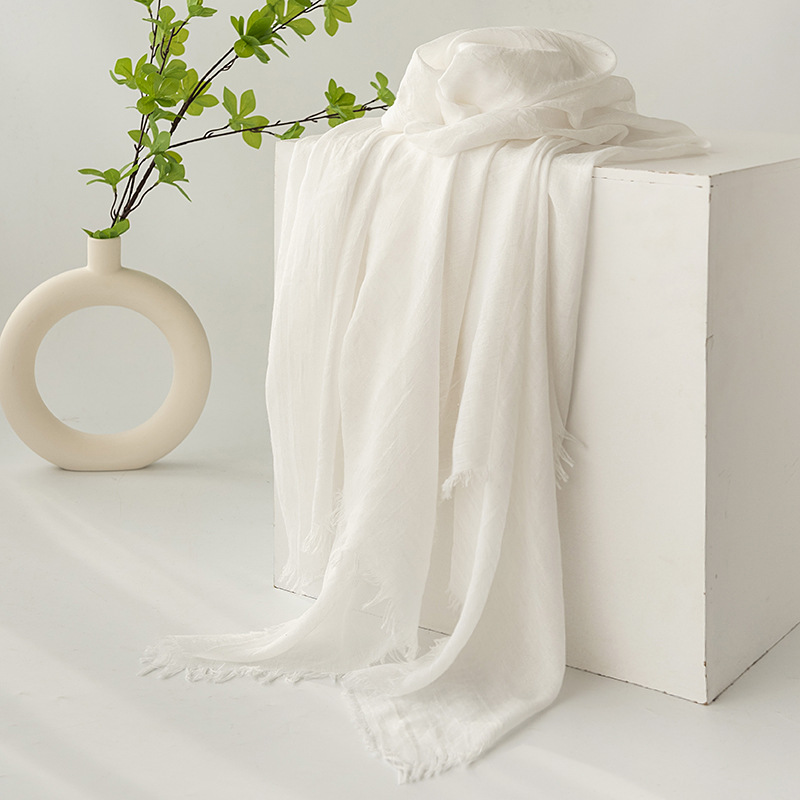 White Cotton and linen scarves - Elegant, solid-color, lightweight shawls, soft and comfortable, suitable for pairing with various outfits. - Image 1