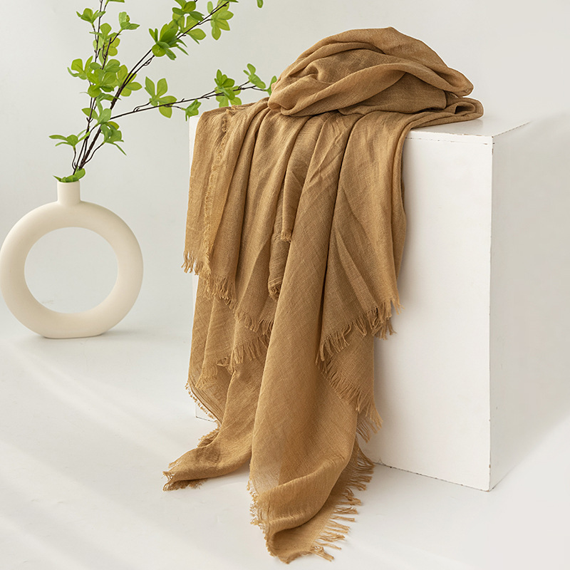 Khaki Cotton and linen scarves - Elegant, solid-color, lightweight shawls, soft and comfortable, suitable for pairing with various outfits. - Image 1