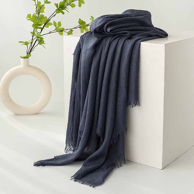 Dark Blue Cotton and linen scarves - Elegant, solid-color, lightweight shawls, soft and comfortable, suitable for pairing with various outfits. - Image 1