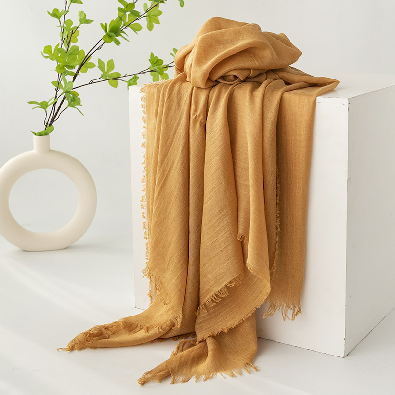 Dark Yellow Cotton and linen scarves - Elegant, solid-color, lightweight shawls, soft and comfortable, suitable for pairing with various outfits. - Image 1