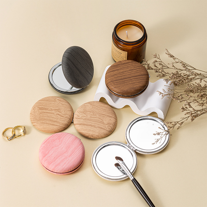 2 Pcs Pink Portable Wooden-Style Makeup Mirror - Dual-Sided High-Definition Compact Mirror - Image 2