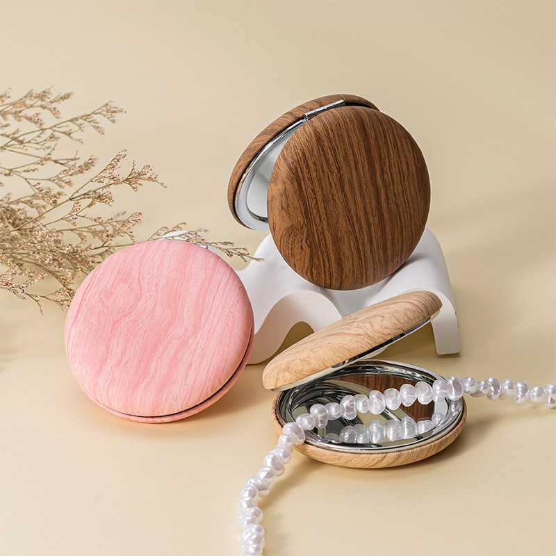 2 Pcs Grey Portable Wooden-Style Makeup Mirror - Dual-Sided High-Definition Compact Mirror - Image 3