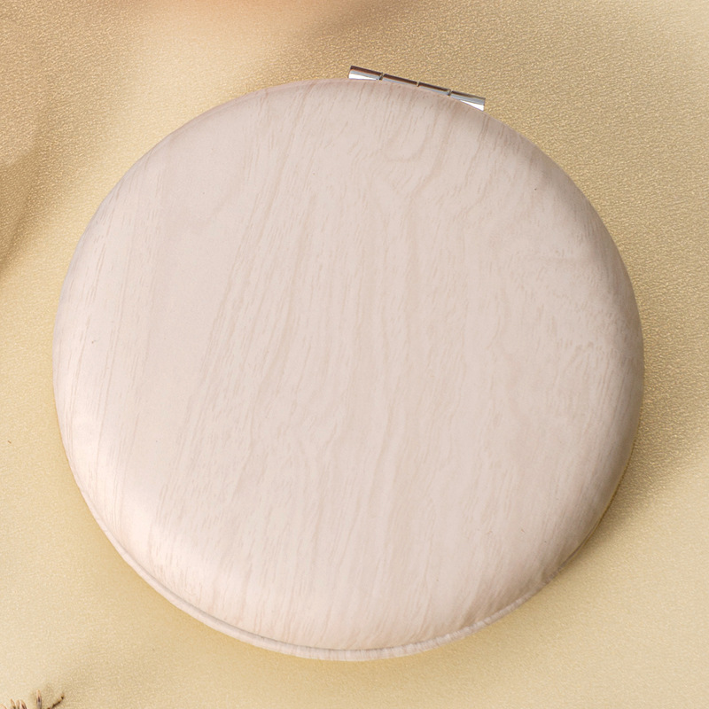 2 Pcs Beige Portable Wooden-Style Makeup Mirror - Dual-Sided High-Definition Compact Mirror - Image 1