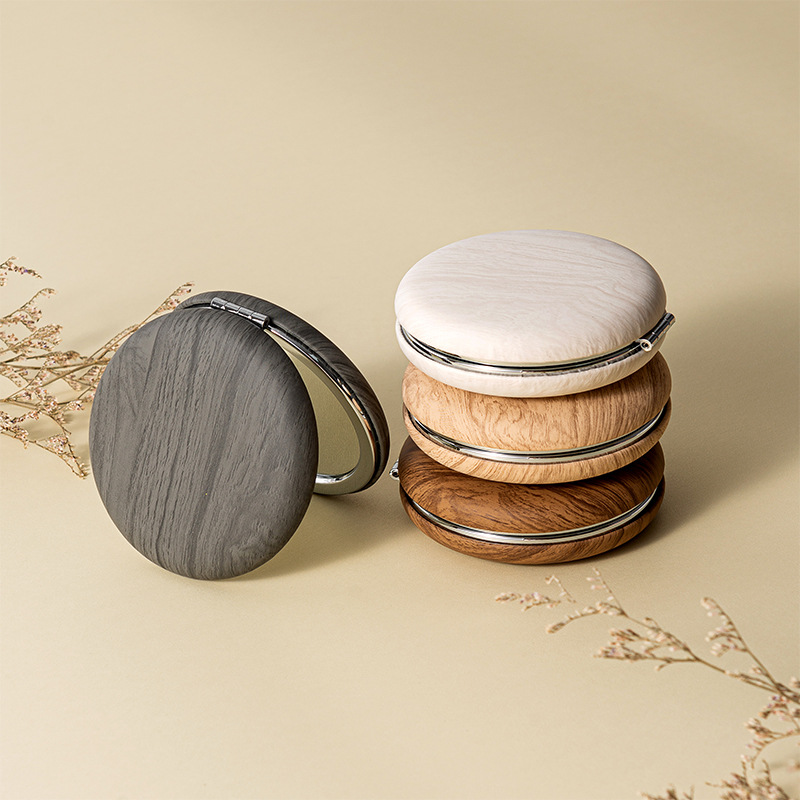 2 Pcs Beige Portable Wooden-Style Makeup Mirror - Dual-Sided High-Definition Compact Mirror - Image 4